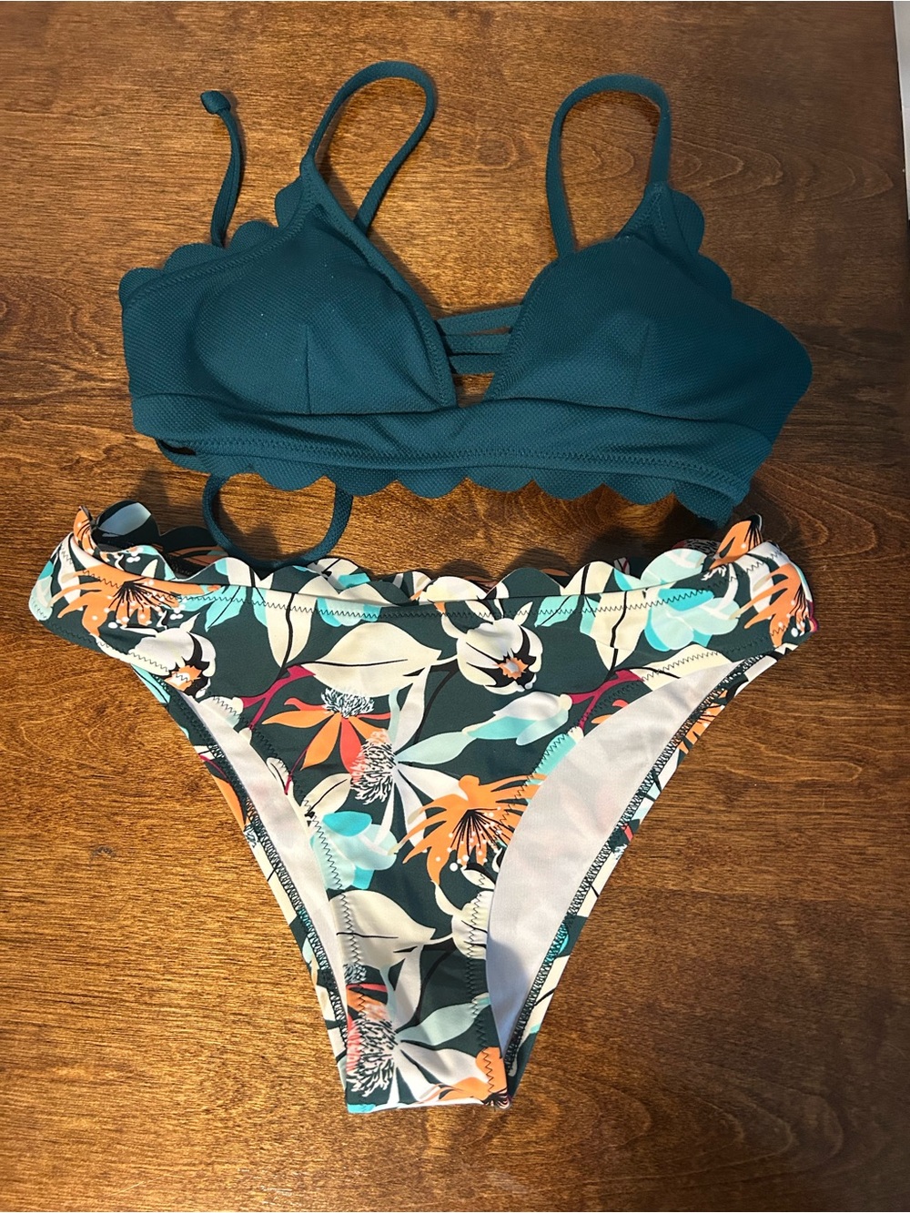 Teal Scallop Bikini Set with Floral Print Bottom - Women Swim